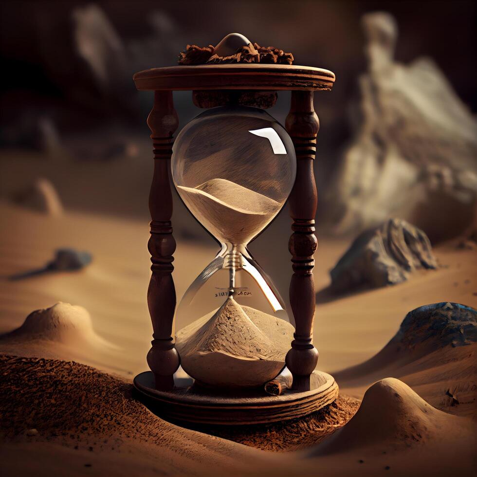 Hourglass in sand desert. Time concept. 3D Rendering, Image photo