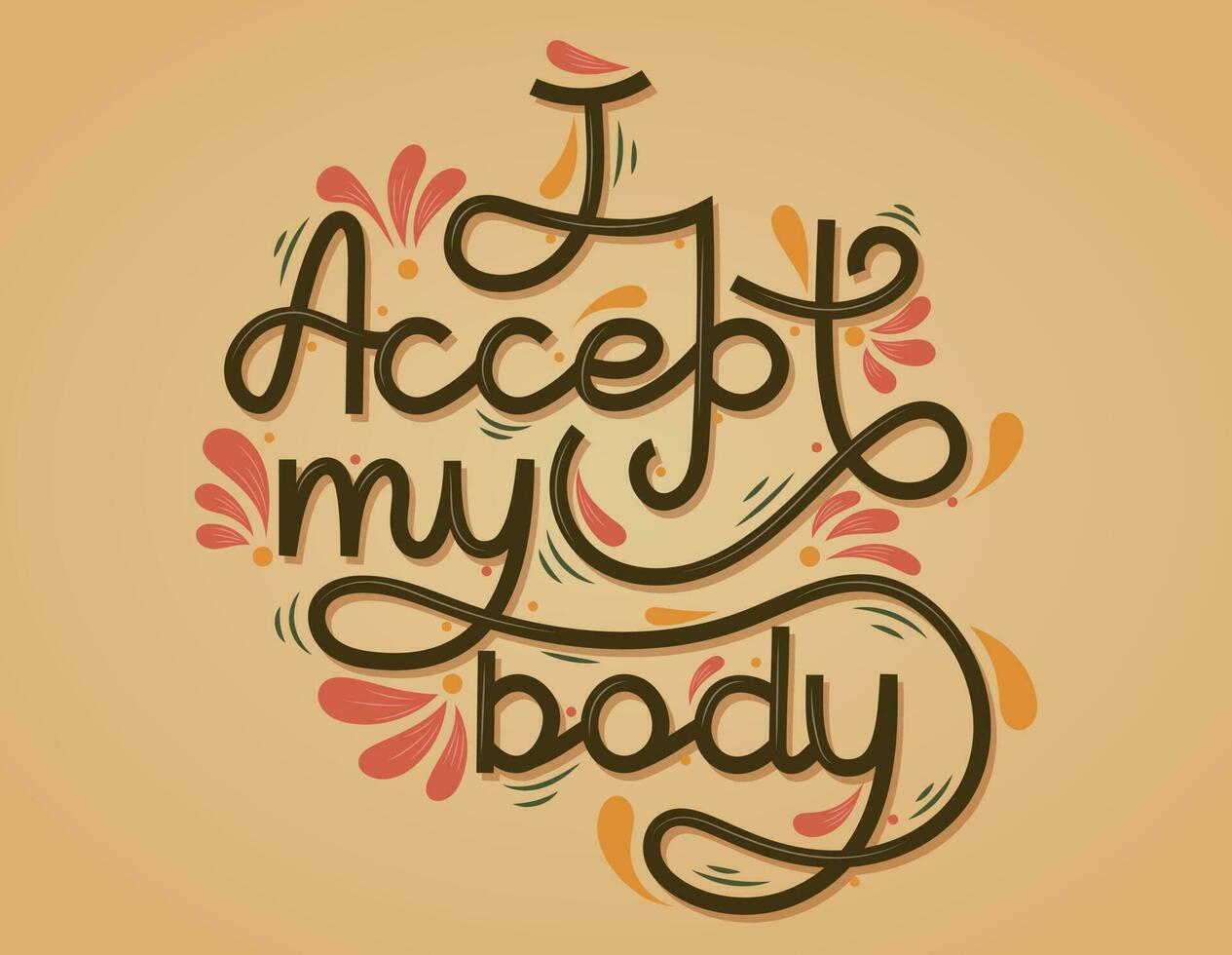 Vector Retro hand lettering, phrase I Accept My Body. Isolated freehand calligraphy.