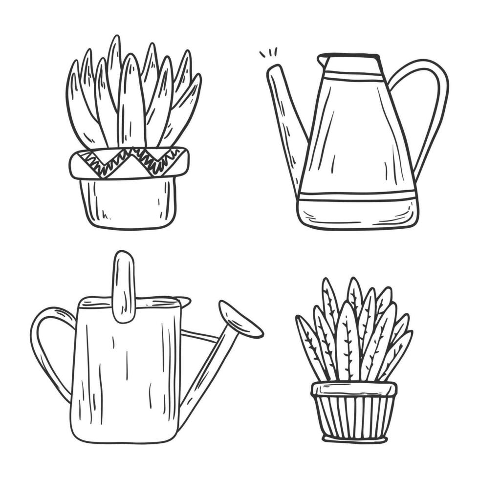Set of isolated doodle icons in line art style. Houseplants in pots and watering cans or jugs. Black and white stickers of cacti or succulents with large leaves. vector