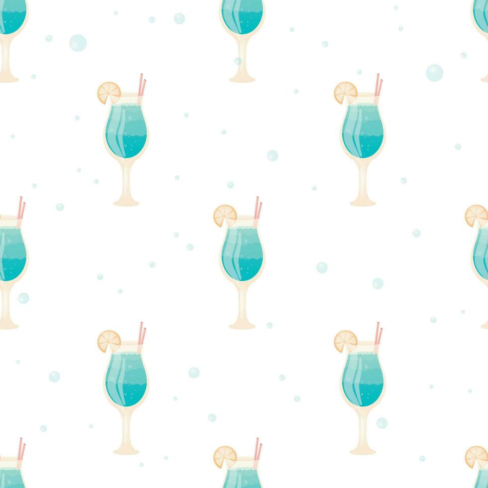 Vector cartoon seamless pattern. Long stemmed glass goblets with cocktail and lemon slice. Blue alcoholic or non-alcoholic beverage with a straw and bubbles.