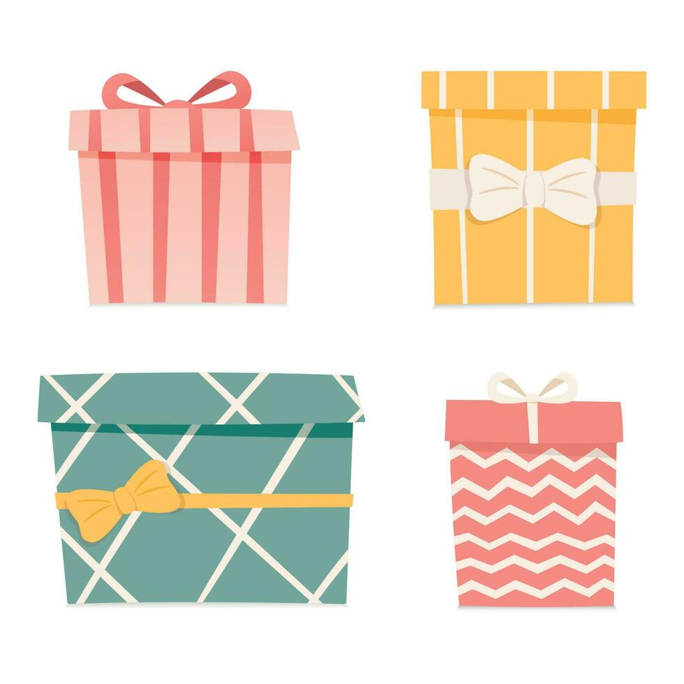 Set of simple vector cartoon icons. Collection of gift boxes for the holiday with ribbon and bow. Decoration with wrapping paper.