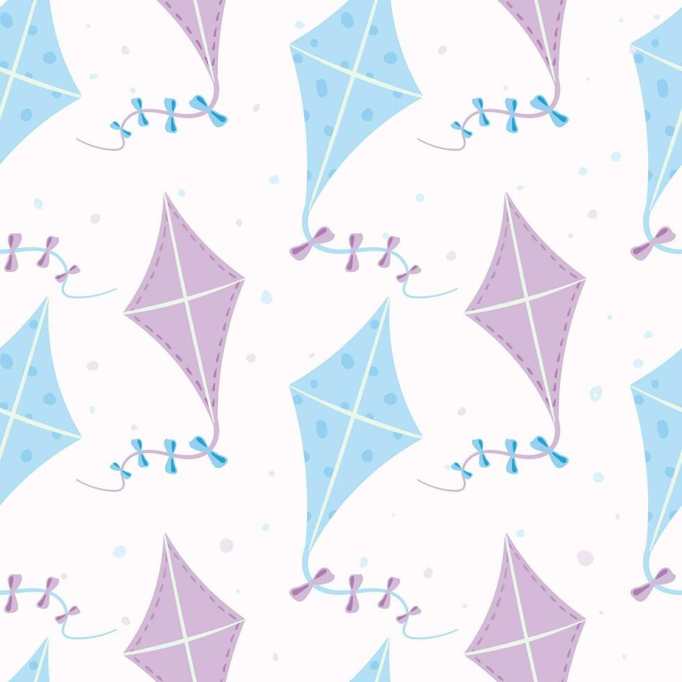 Vector seamless summer pattern. Cartoon flying kites on a ribbon with bows. Children toys and outdoor activities for the holiday. Background or wrapping paper design