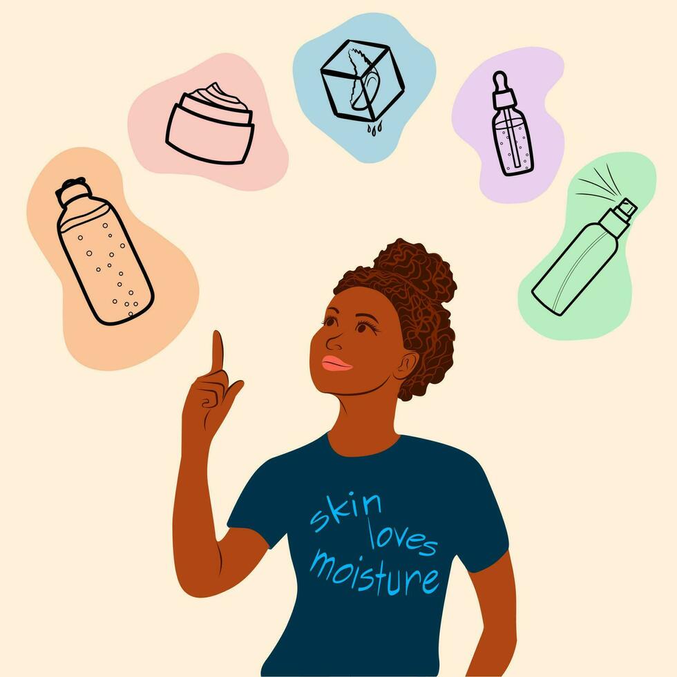 skin loves moisture choice. Everyday personal care, skincare daily routine, hygienic procedure. Flat cartoon colorful vector illustration.