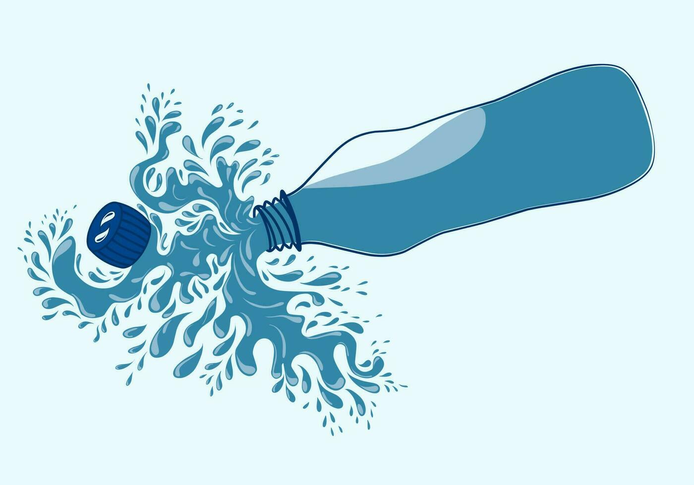 Pure mineral water, plastic bottle in the middle and flying water drop elements on blue background. Vector illustration