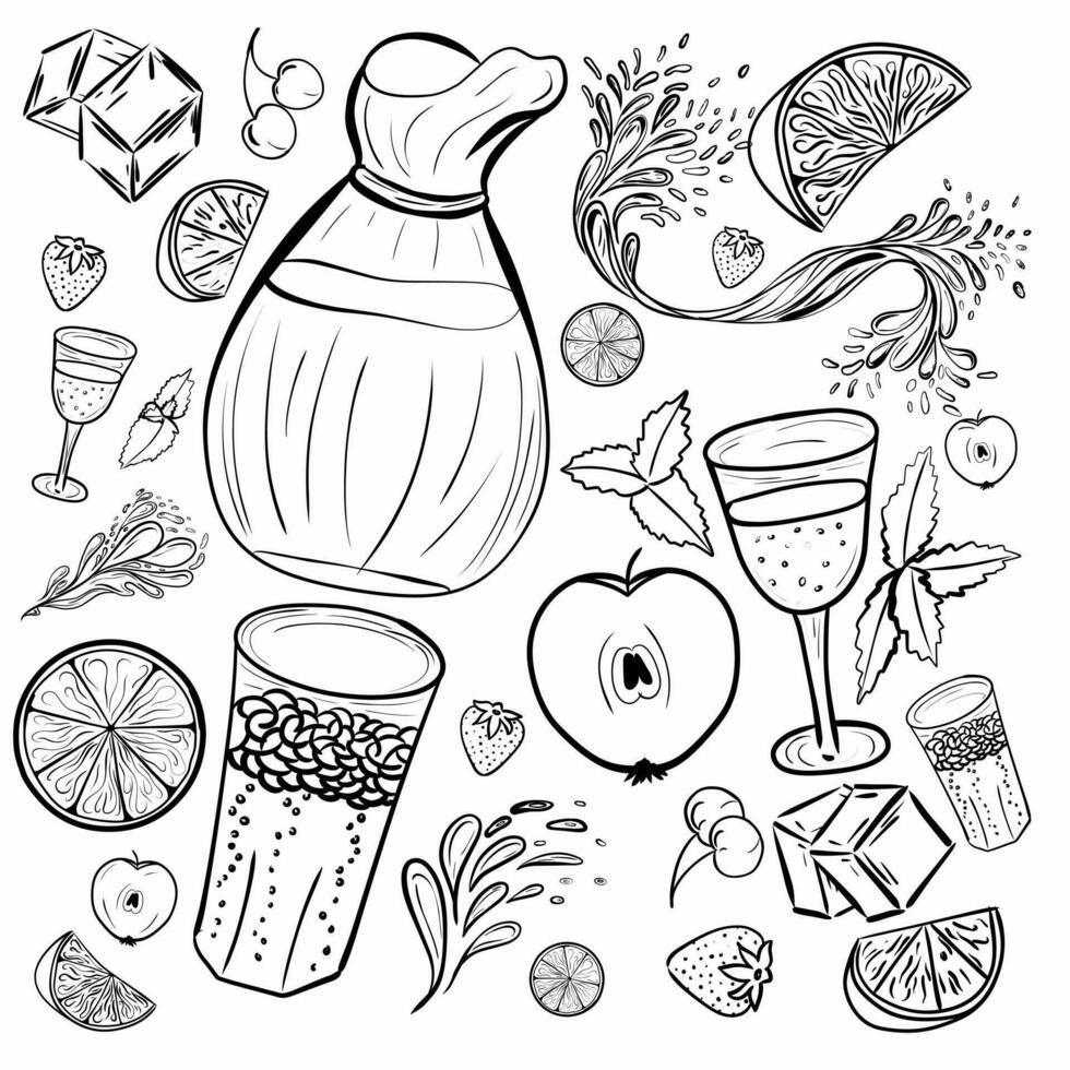 Vector hand drawn set of Cold drinks, summer cocktails and beverages with fruits. Various doodles for beach party, bar, restaurant menu. Isolated objects