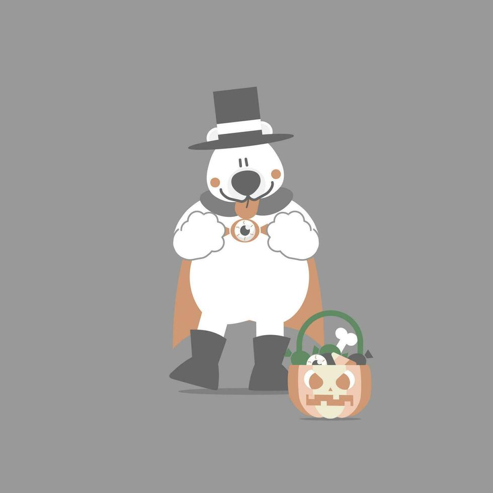 happy halloween holiday festival with polar bear and pumpkin and eyeball candy, flat vector illustration cartoon character design