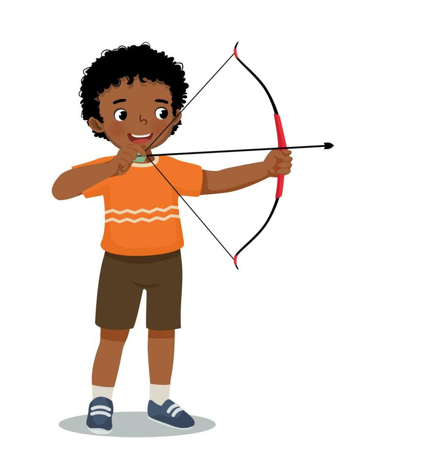 Cute little African boy with bow and arrow doing archery sport aiming ready to shoot vector