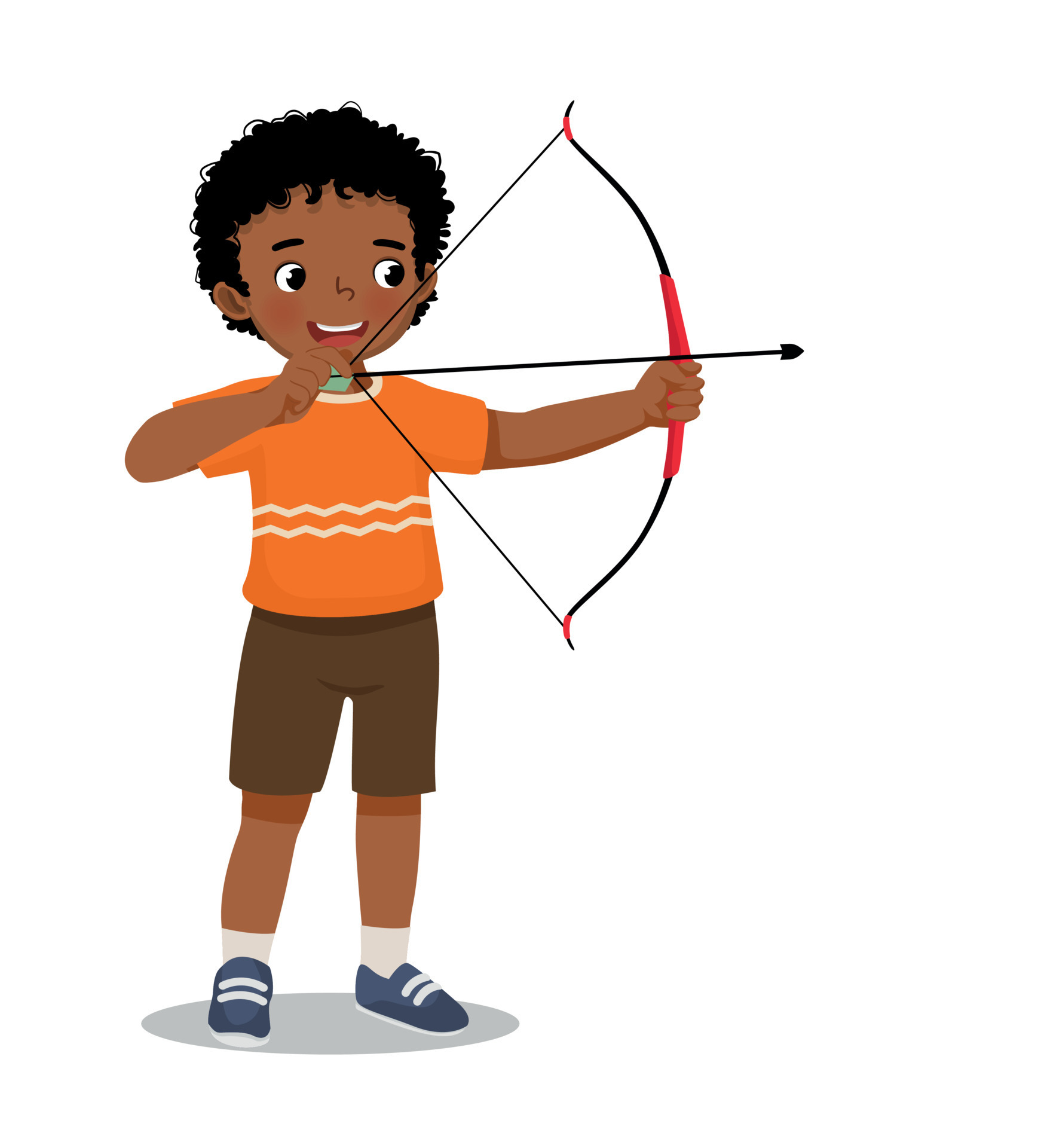 Cute little African boy with bow and arrow doing archery sport aiming