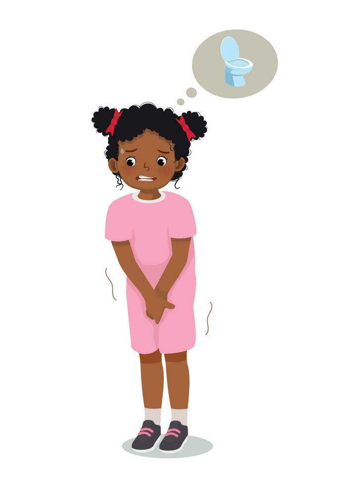 Cute little African girl need to pee holding urinary bladder want to go to toilet vector