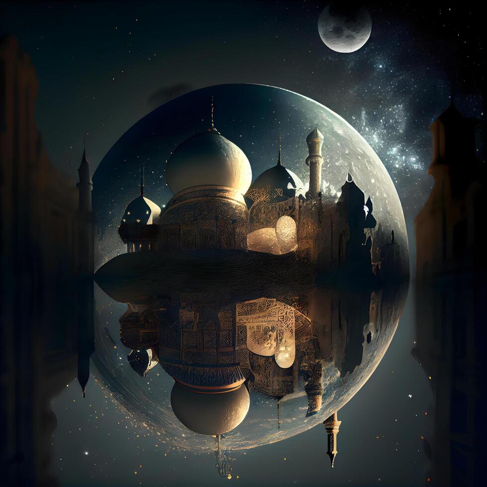 Fantasy landscape with mosque and moon in the sky. 3D rendering, Image photo