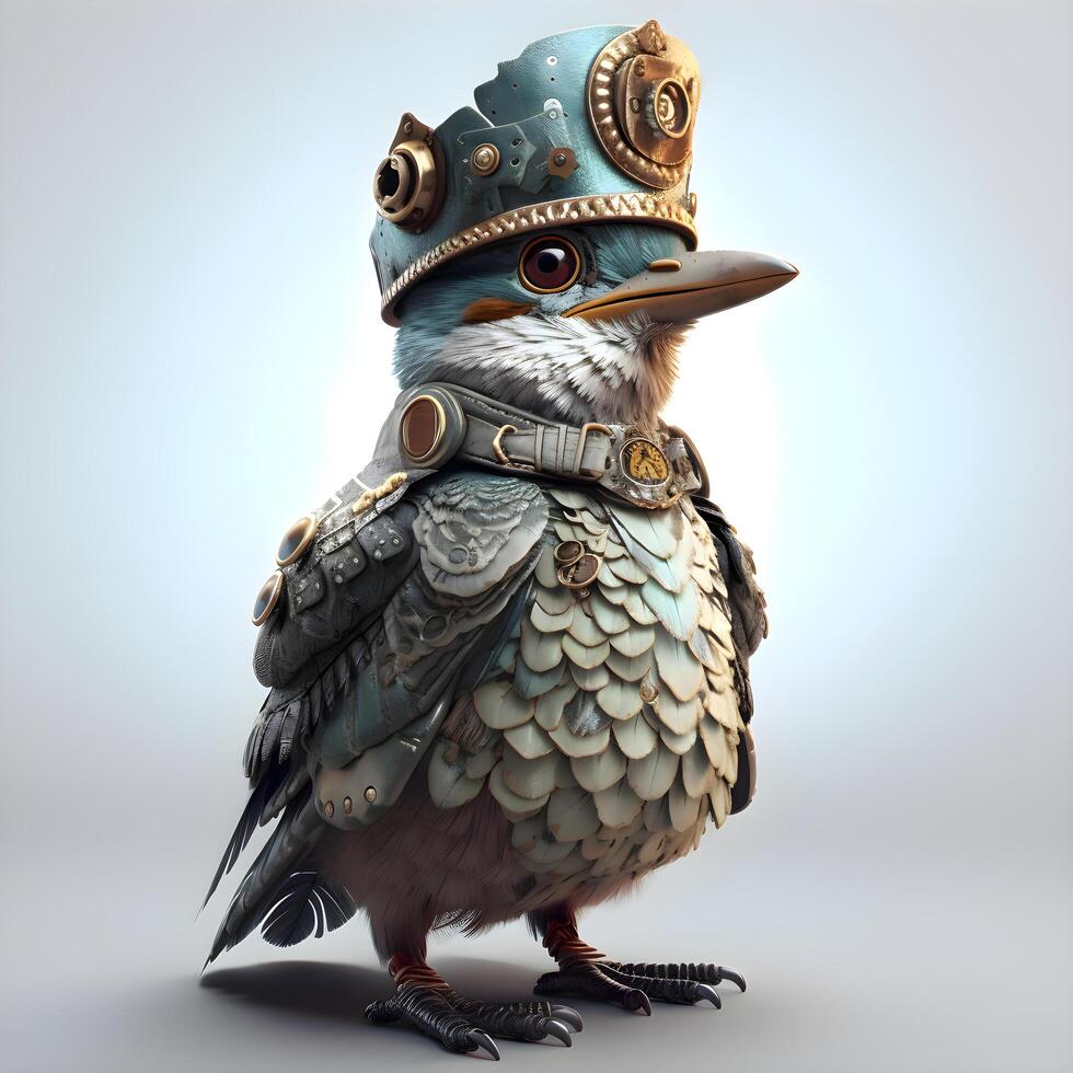 Fantasy illustration of a crow in a steampunk costume on a white background, Image photo