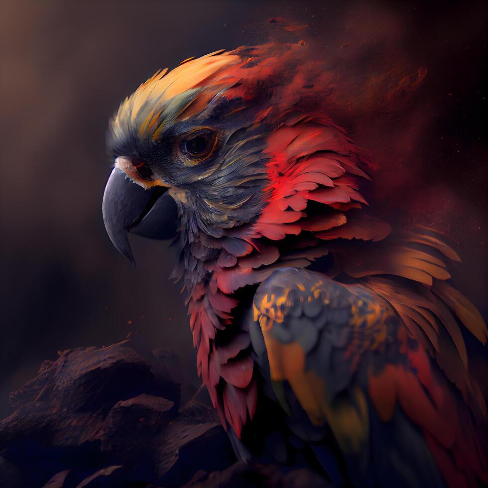 Colorful macaw parrot portrait on a dark background with smoke, Image photo
