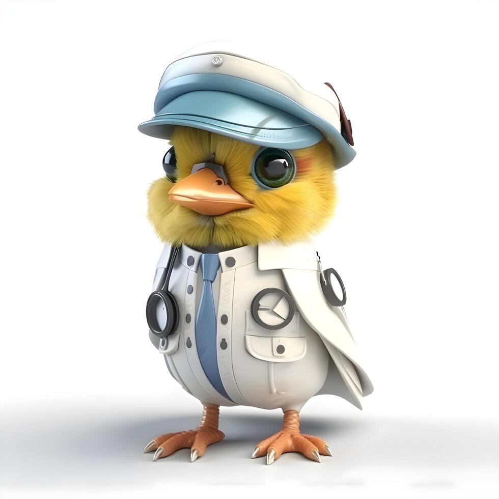 3D rendering of a cute cartoon bird with helmet and gas mask isolated on white background, Image photo