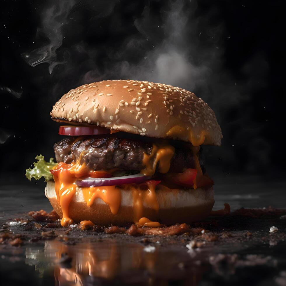 Delicious cheeseburger with beef patty and vegetables on black background, Image photo