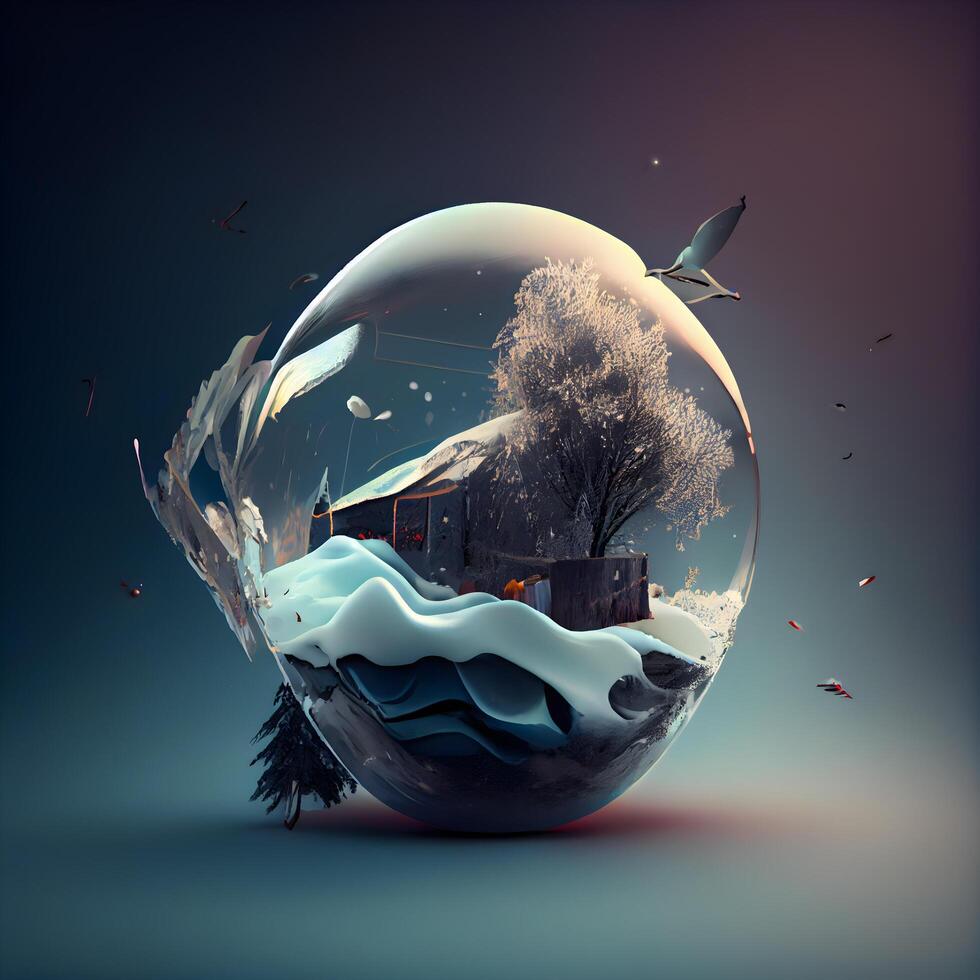 3d render of a snow globe with trees and birds flying around, Image photo