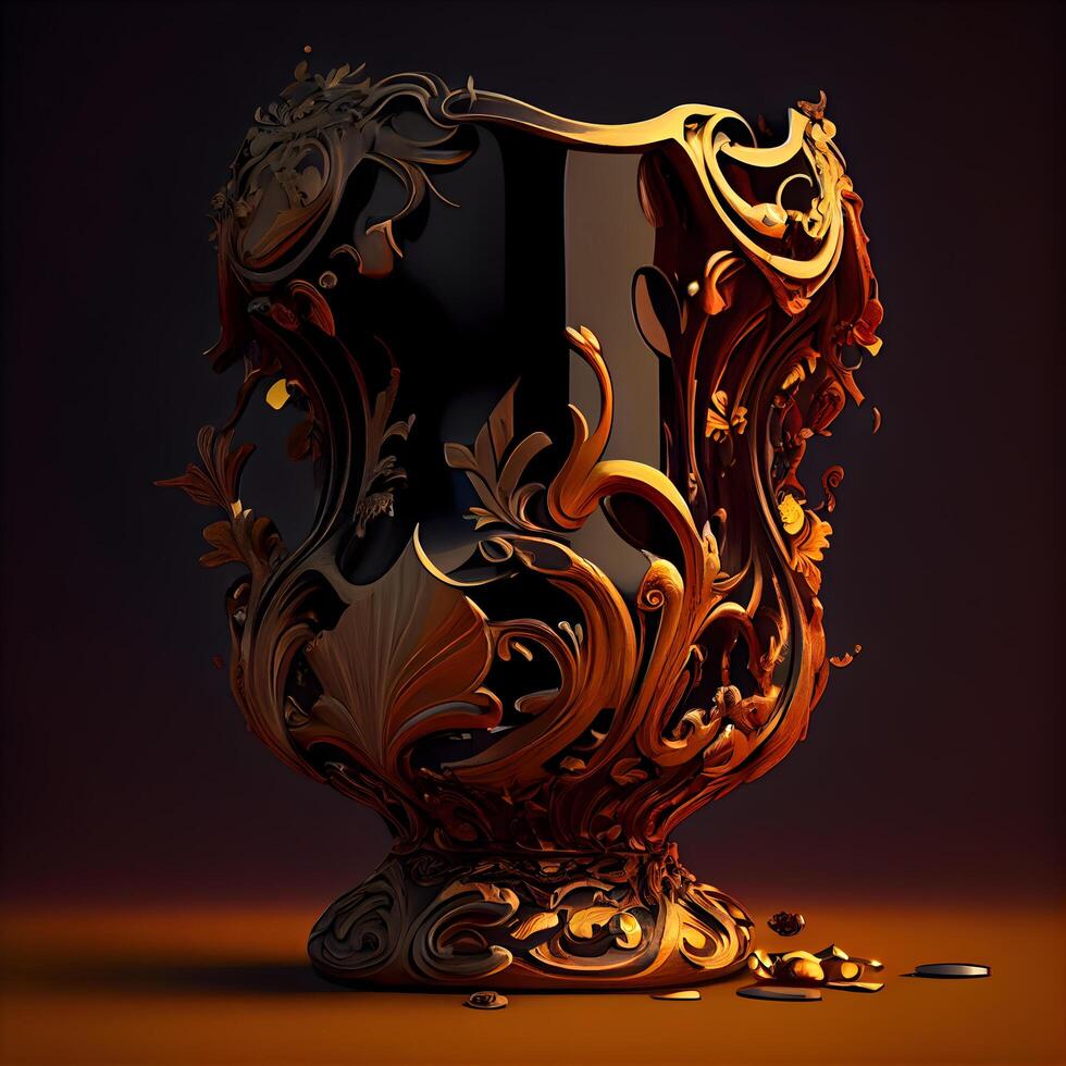 3d illustration of a vase with gold ornament on a dark background, Image photo