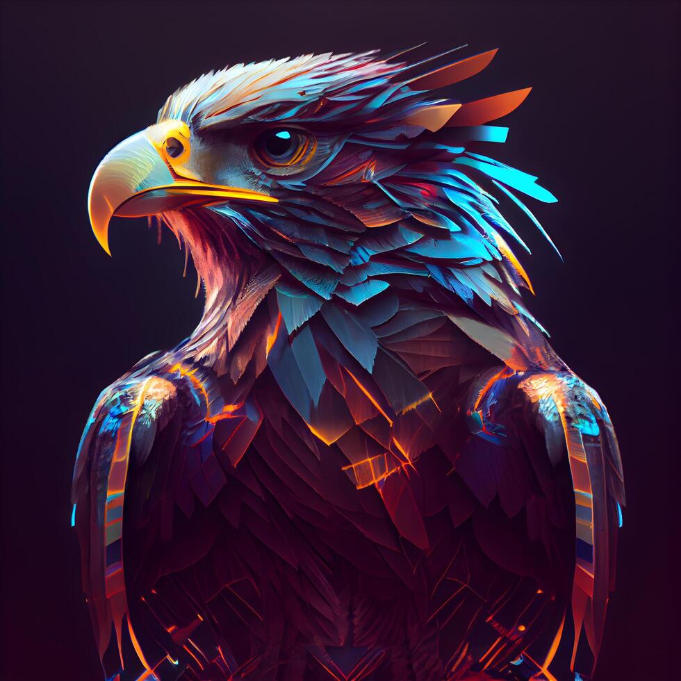 3D rendering of an eagle in a low poly style with colorful lights, Image photo