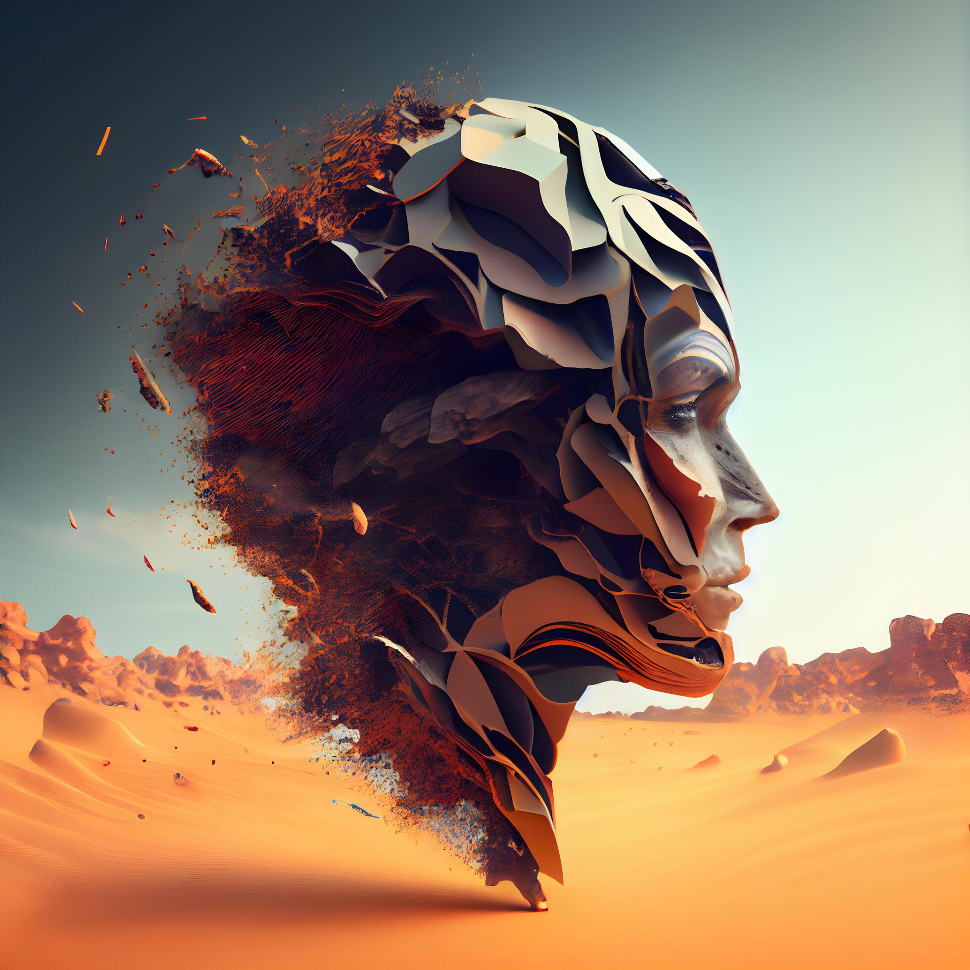 3D rendering of a human head in a surreal style with a beautiful