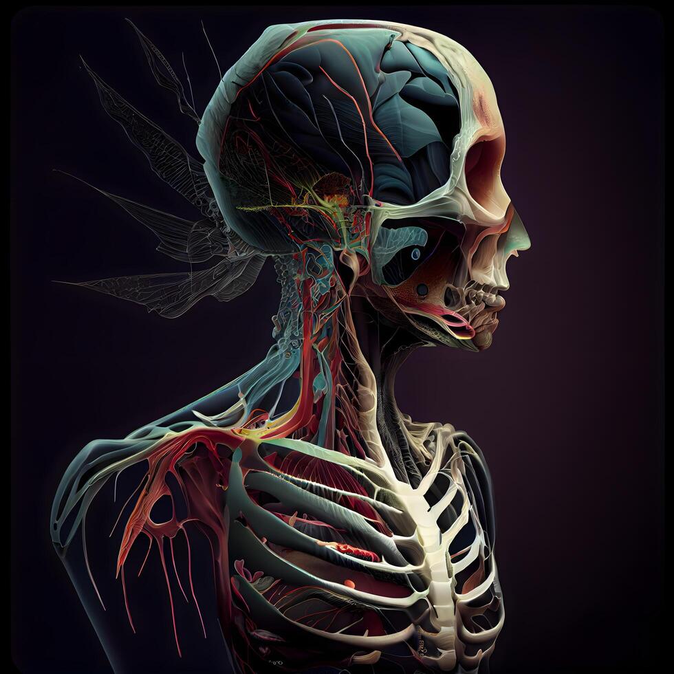 humano esqueleto anatomía. anatomía de el humano cuerpo. 3d representación, ai generativo imagen foto