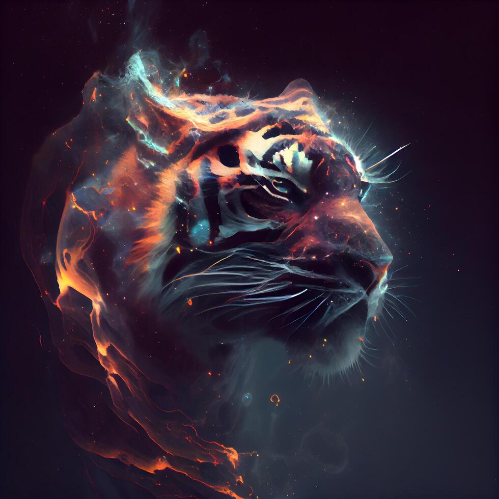 tiger with fire effect on dark background, digital painting, illustration, Image photo