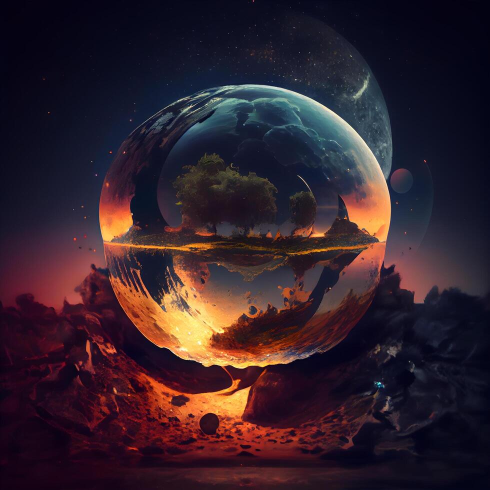 Fantasy landscape with the planet and the sea. 3d rendering, Image photo