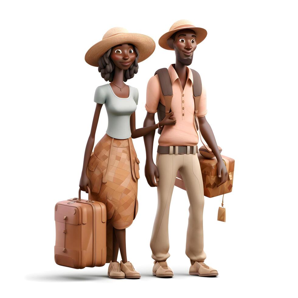 A couple of tourists with backpacks and hats on a white background, Image photo
