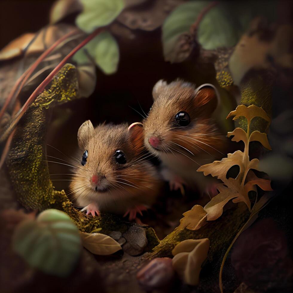 Two cute little hamsters in a nest made of moss and leaves., Ai