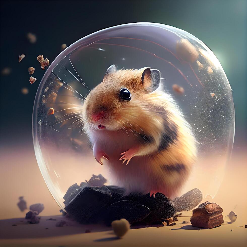 Hamster in a glass sphere on a dark background. 3d rendering, Image photo