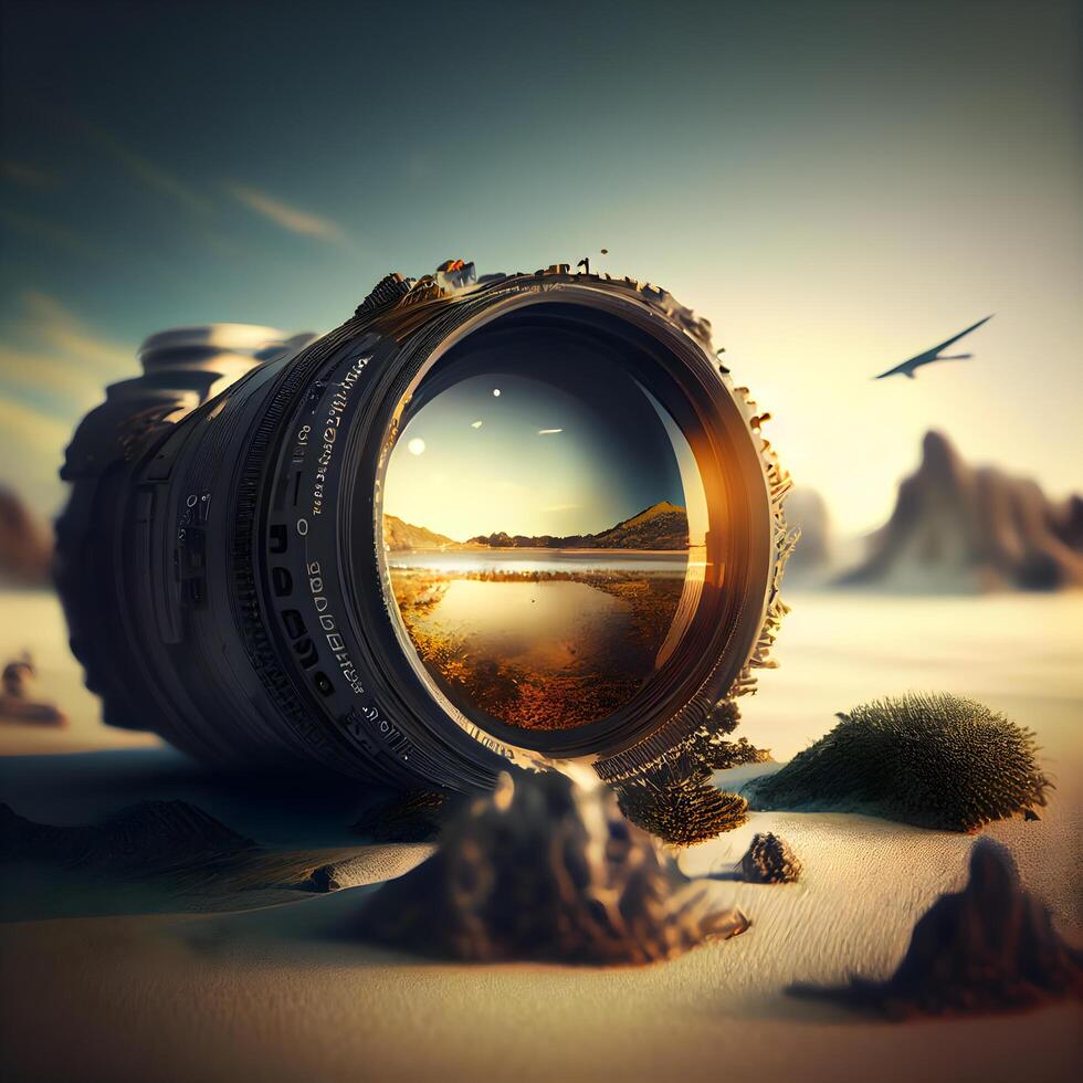 Photographer's camera on the beach. Collage. 3d render, Image photo