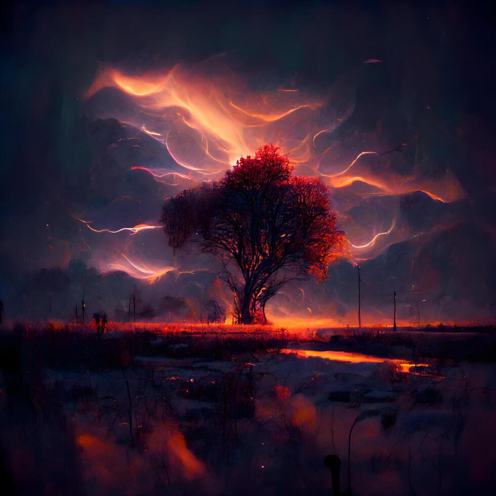 Burning tree in the field. Fire in the sky. Digital painting., Image photo