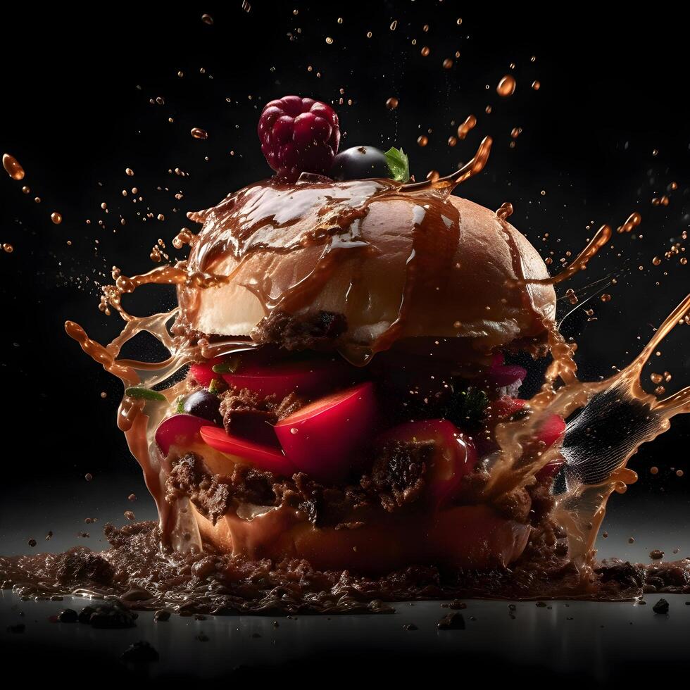 Burger with splashes and drops of chocolate on a black background, Image photo