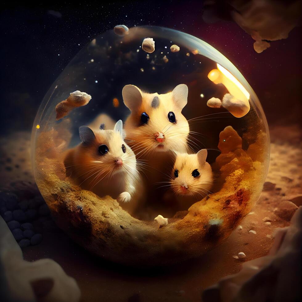 Hamsters in a glass ball on a background of the planet., Image photo