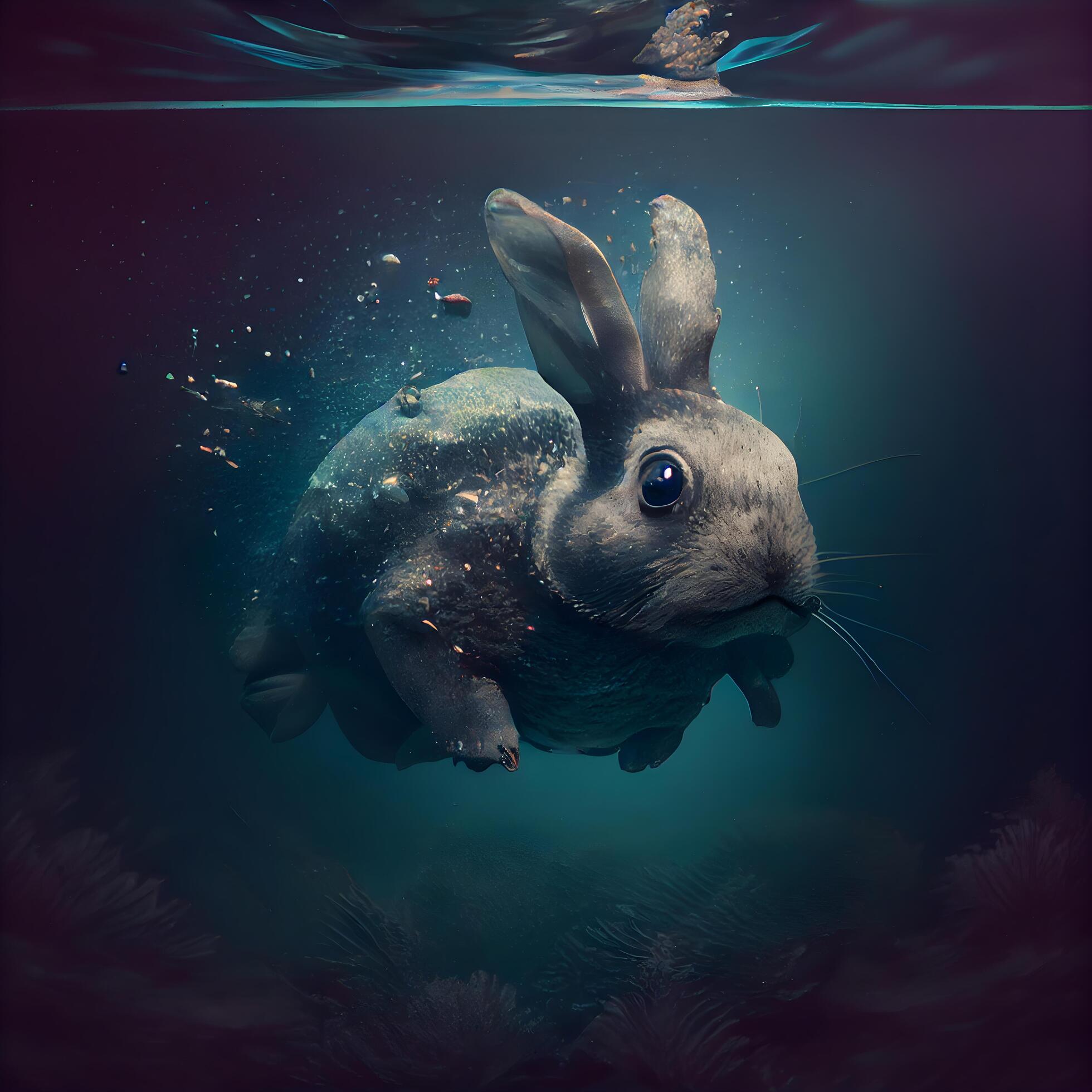 Rabbit swimming underwater in the ocean. 3d render illustration