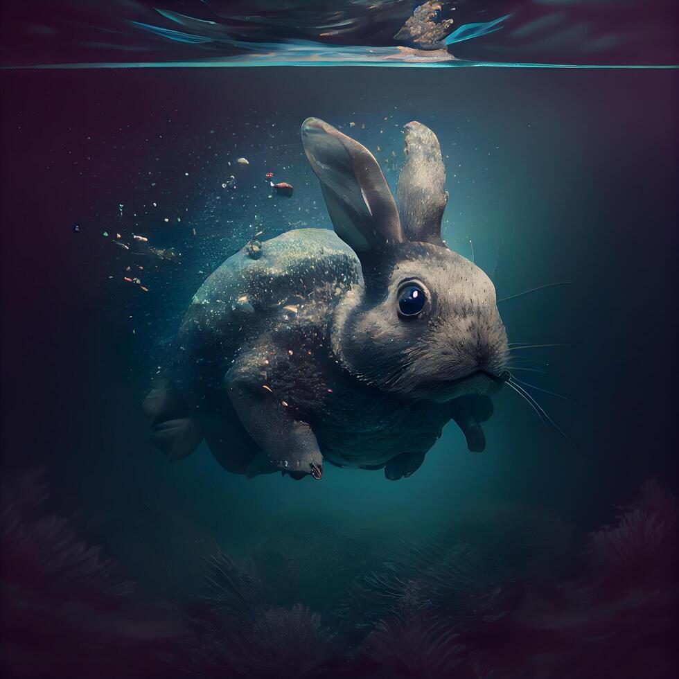 Rabbit swimming underwater in the ocean. 3d render illustration., Image