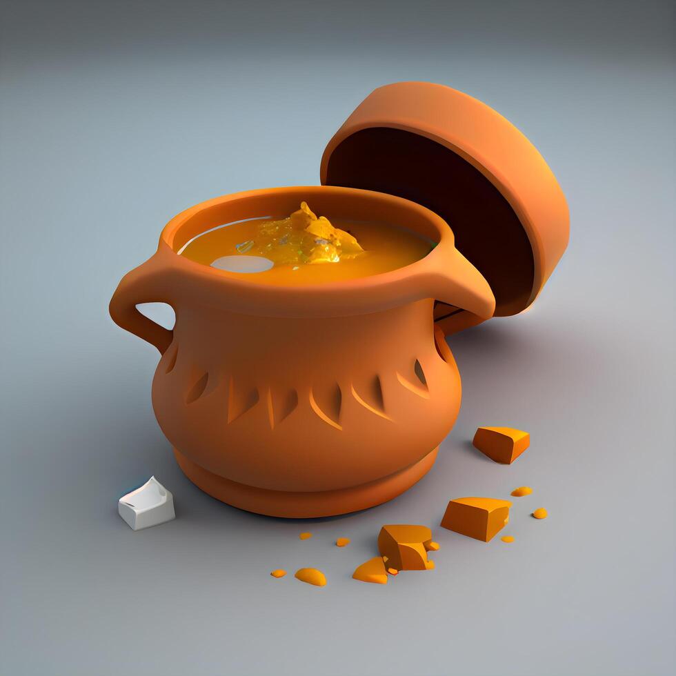 Ceramic pot with pumpkin soup on a grey background. 3d illustration, Image photo