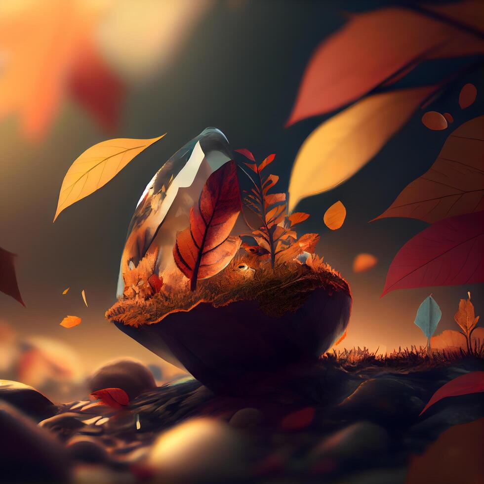 Easter egg and autumn leaves on dark background. 3d render, Image photo
