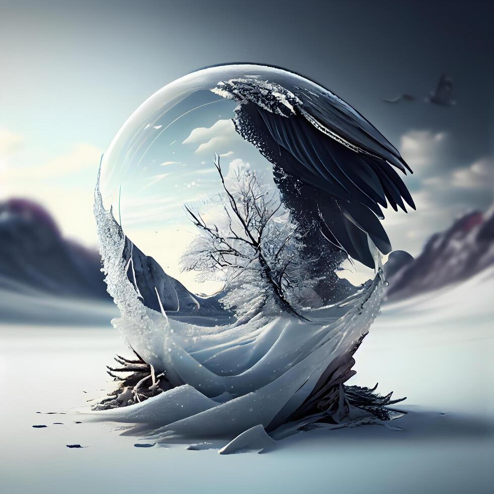 Crystal ball with the image of an eagle on the background of winter landscape, Image photo