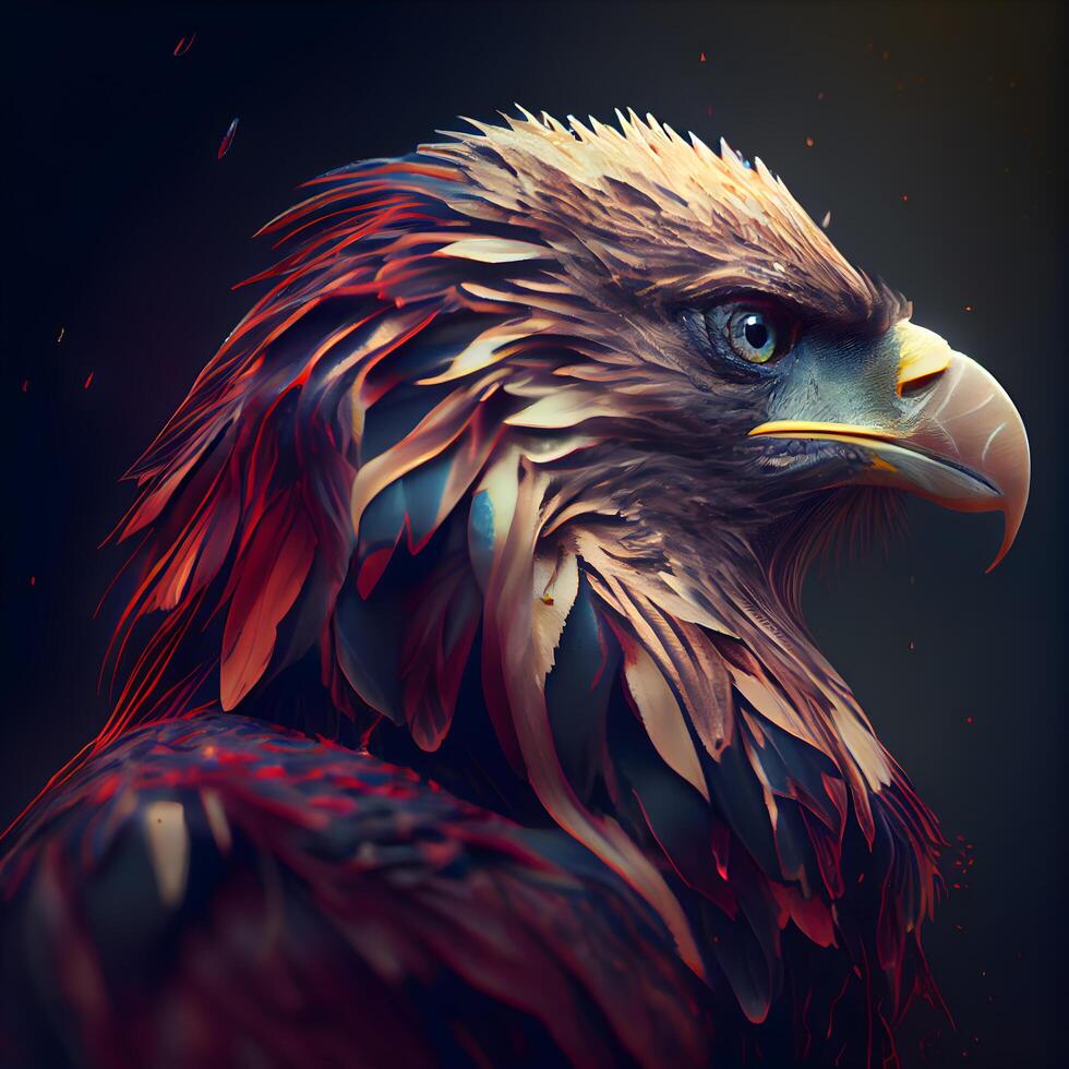 3D rendering of an eagle with red feathers on black background., Image photo