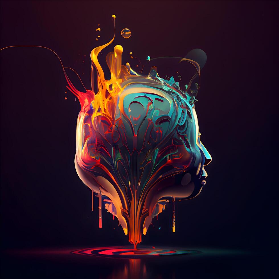 abstract human skull with colorful paint splashes on dark background, illustration, Image photo