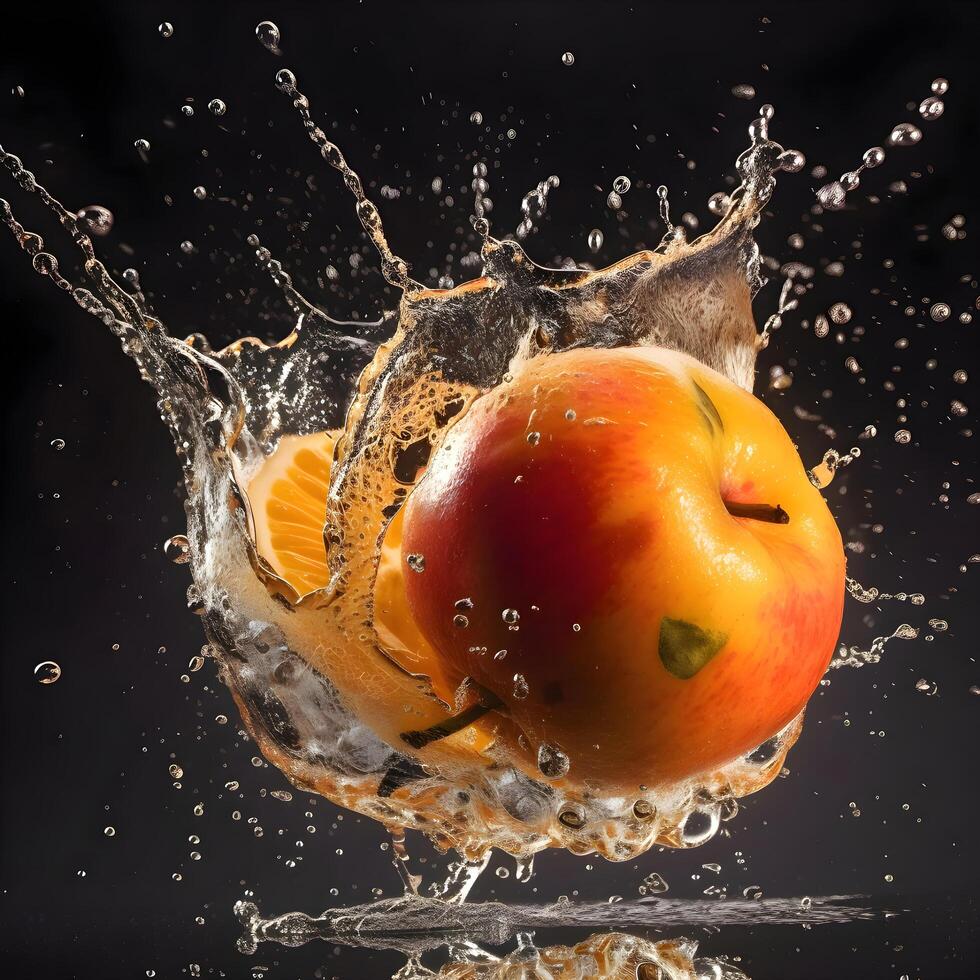 Fruit in water splash, isolated on black background. 3d rendering, Image photo