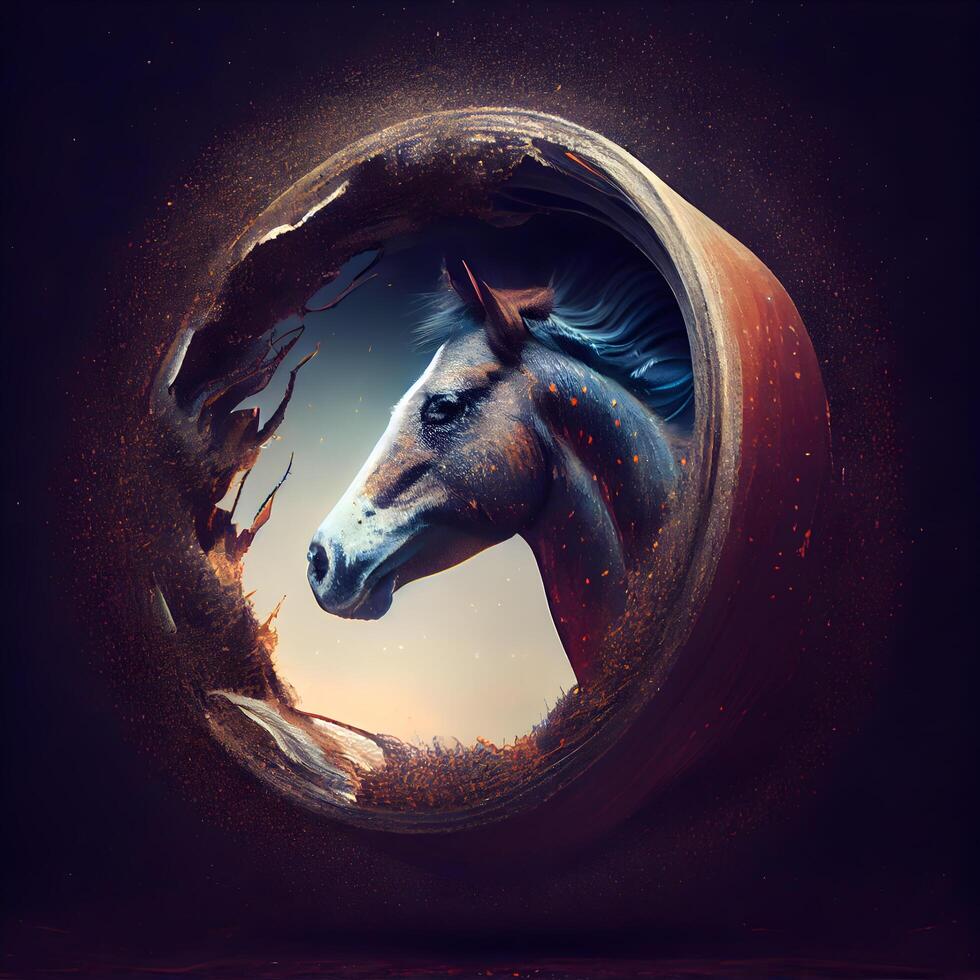 Horse head in a round hole. Artistic illustration. Grunge background., Image photo