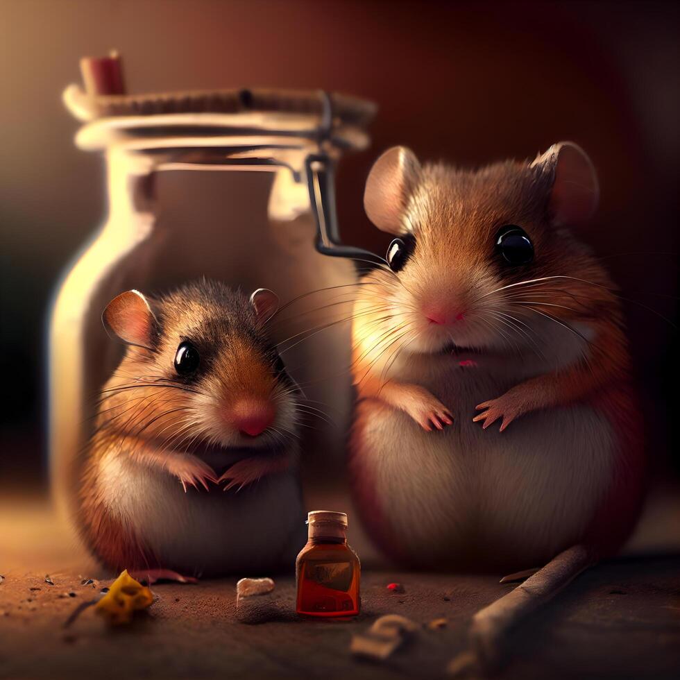 Hamster with a bottle of poison and a syringe on a dark background, Image photo