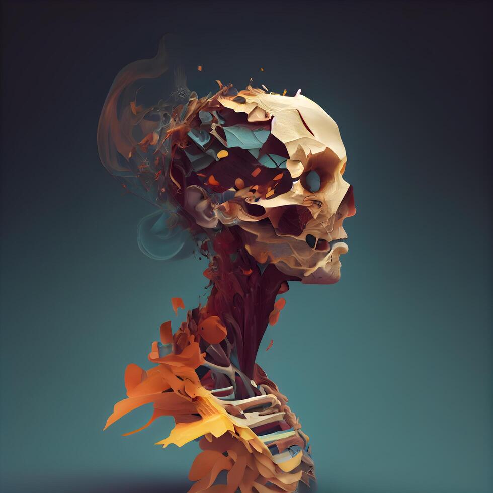 Abstract 3d render of human skull made of orange and blue elements, Image photo
