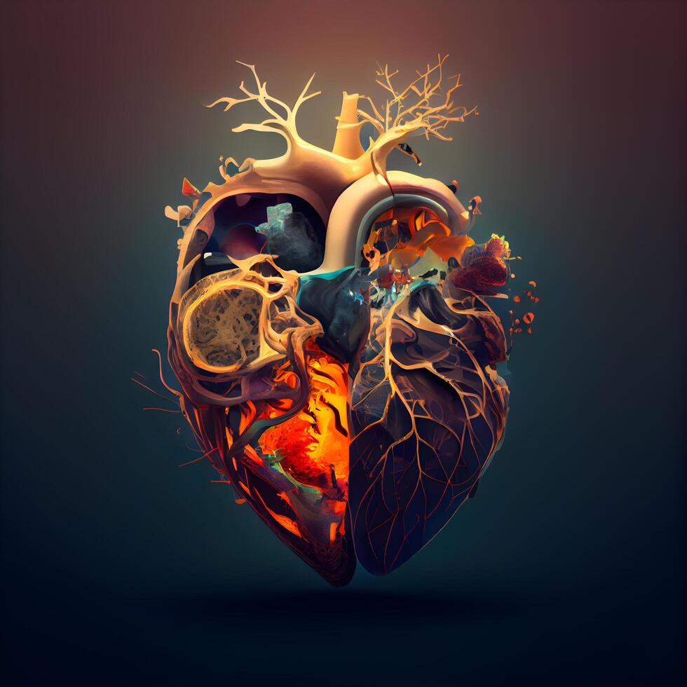 Human heart with lungs and veins on dark background. illustration., Image photo