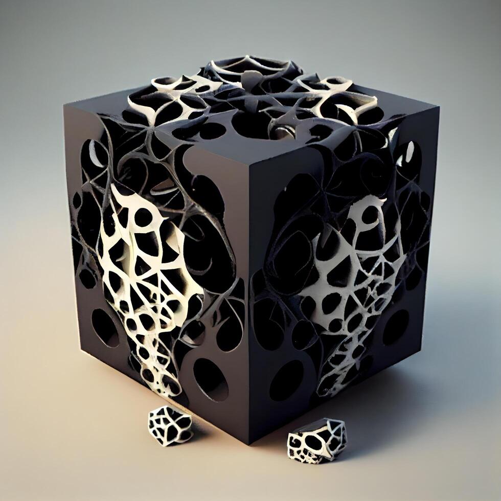 3d illustration of black cube with abstract pattern on gray background., Image photo