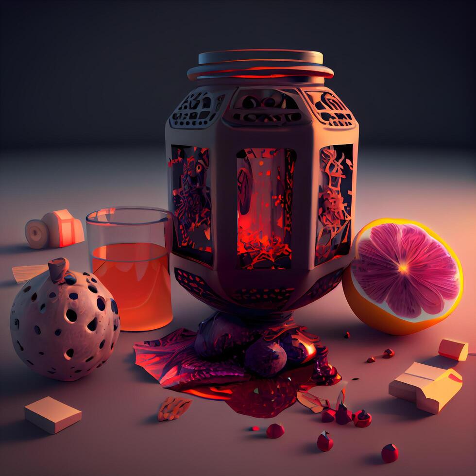 Lantern with a glass of orange juice. 3d rendering, Image photo