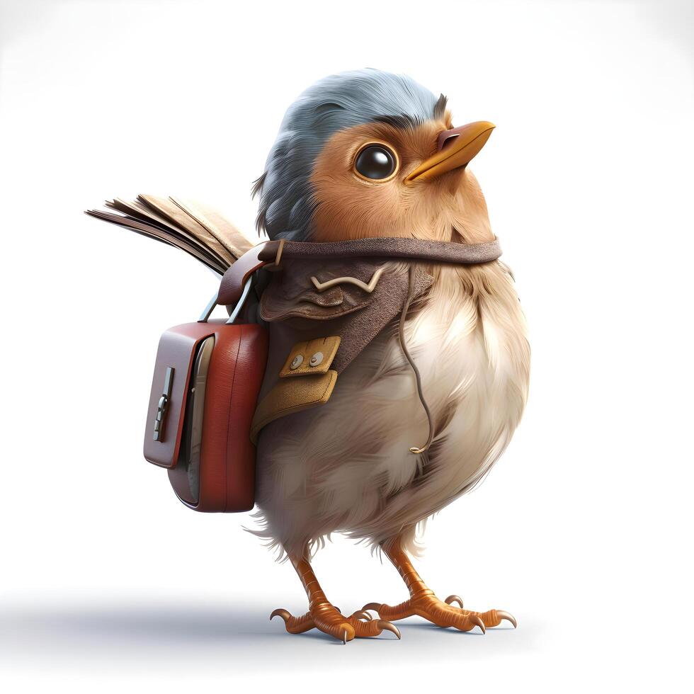 Funny cartoon robin with a backpack and a book on a white background, Image photo