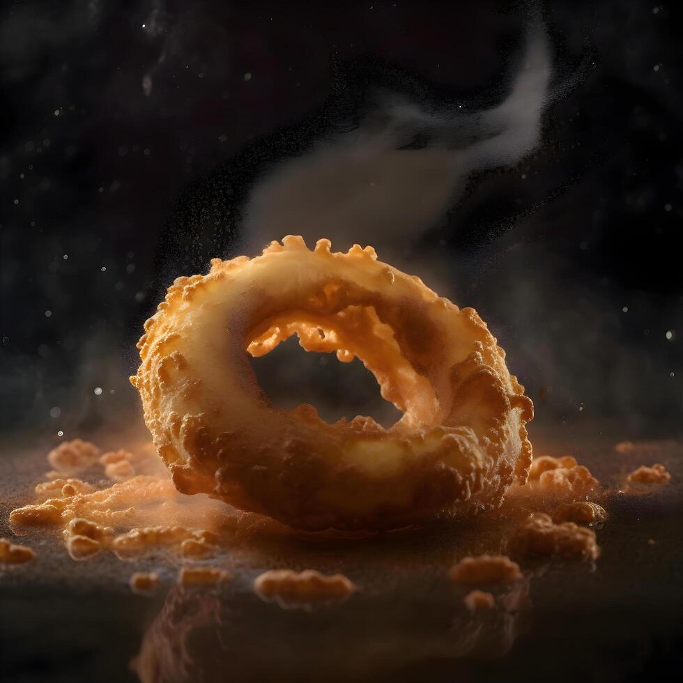 Falling donuts with smoke on a black background. 3d rendering, Ai