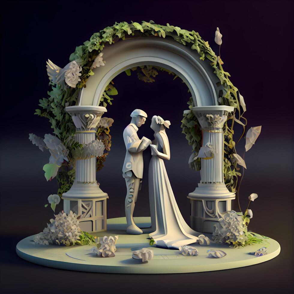 Boda ceremonia en el arco de el arco, 3d ilustración, ai generativo imagen foto