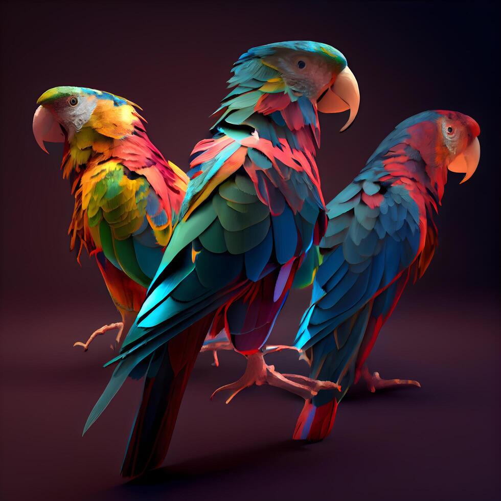 colorful parrots on a dark background. 3d render illustration, Image photo